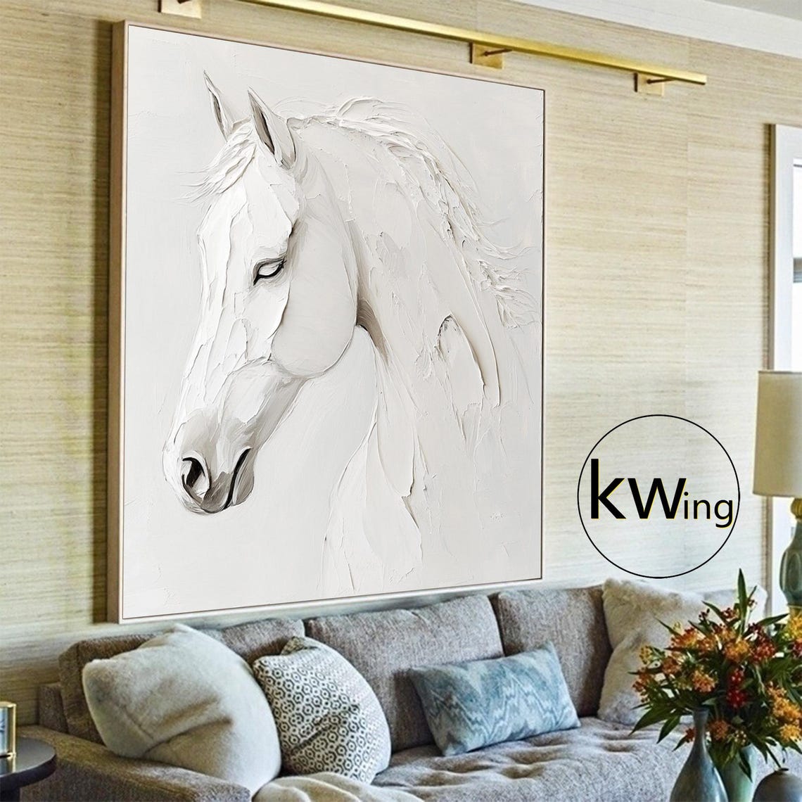 Large White Horse Oil Painting Hand Painted Animal Oil Painting White Textured Painting Horse Wall Art Portrait Art Office Wall Decor - Image 5