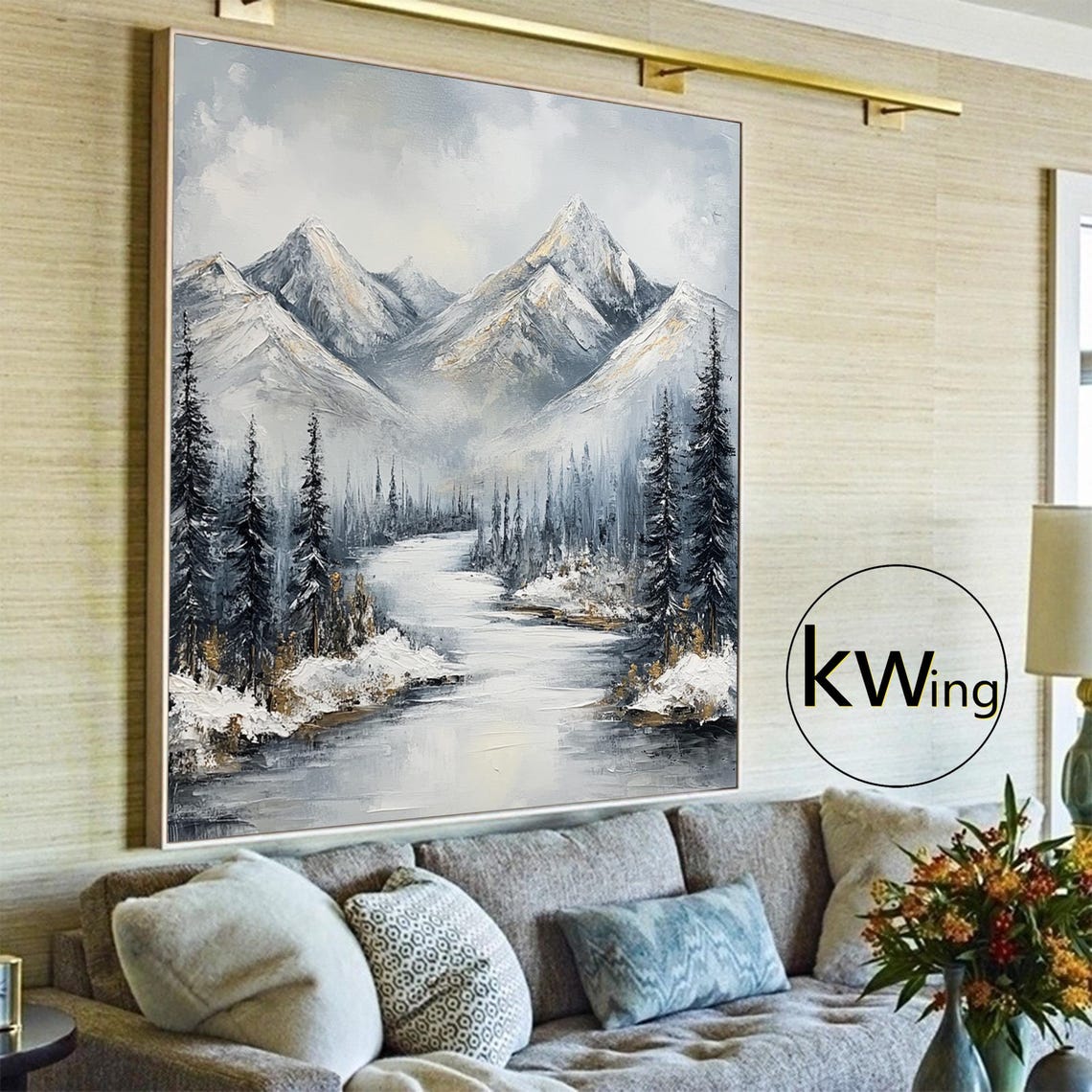 Snow Covered Mountains Winding River Evergreen Forest Landscape Poster - Image 4