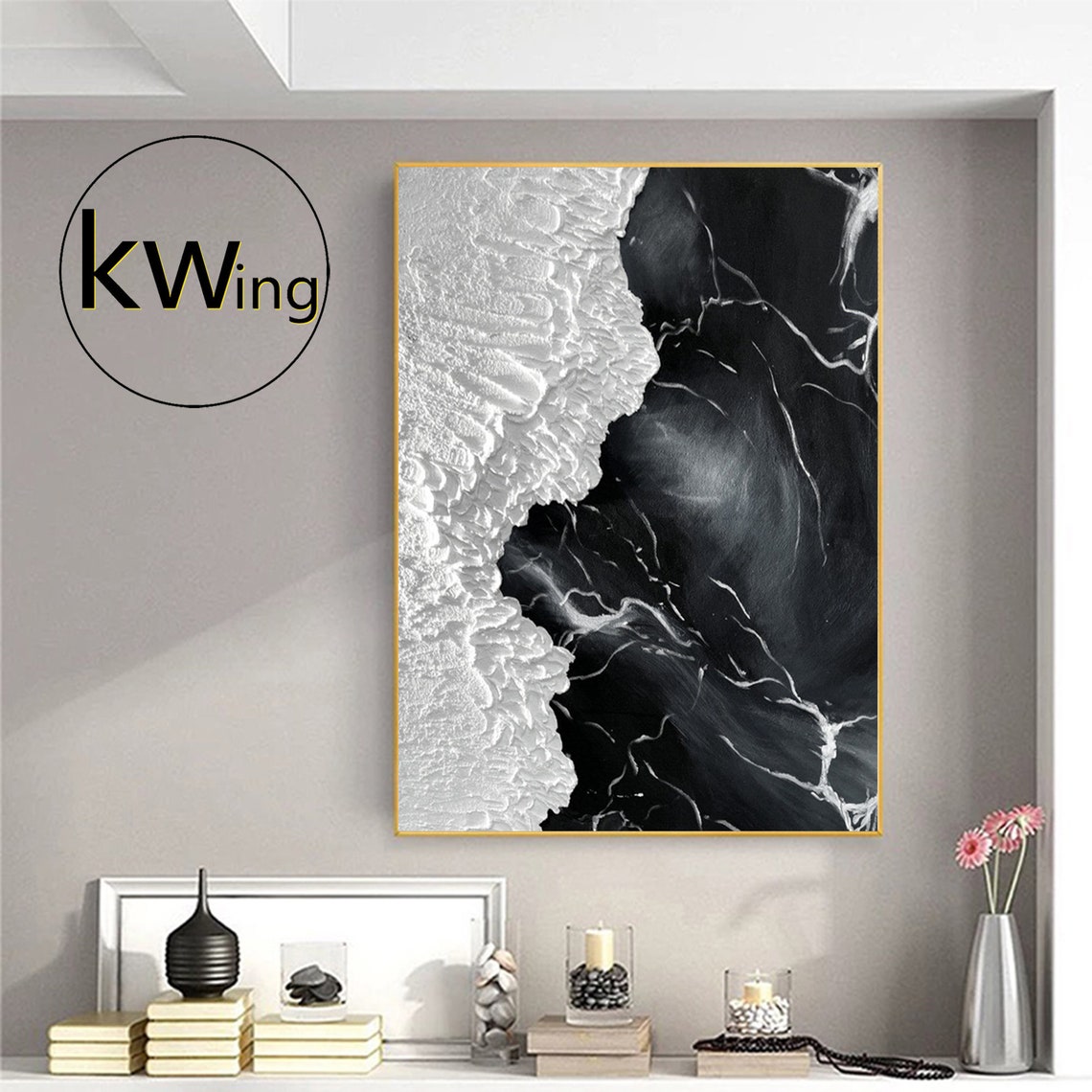 Black White Marble Wave Abstract Textured Coastal Contrast Art Poster - Image 3