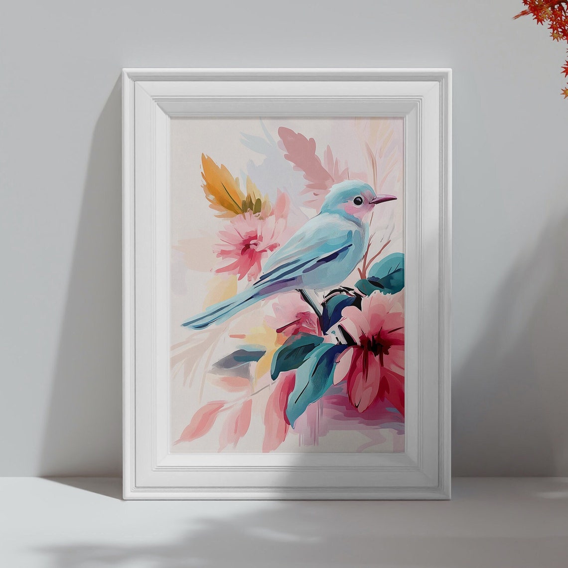 Bluebird Perched on Pink Flowers Watercolor Garden Art Poster - Image 4