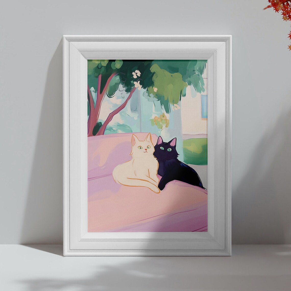 Two Cats Cuddling on Pink Couch Cute Illustration Cat Lover Wall Poster - Image 4