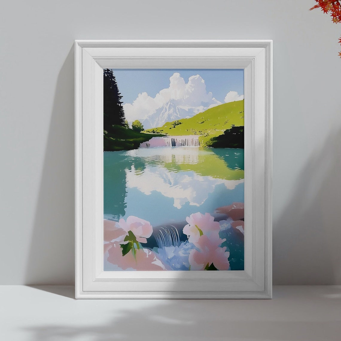 Mountain Lake Waterfall Reflection Alpine Meadow Nature Poster - Image 4