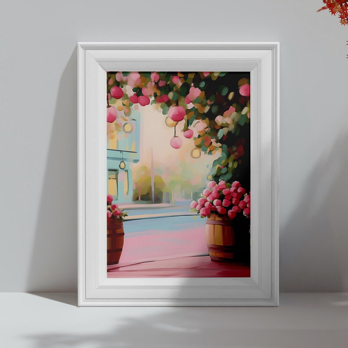 Pink Flower Canopy Over Garden Street with Lanterns Pastel Wall Poster - Image 4