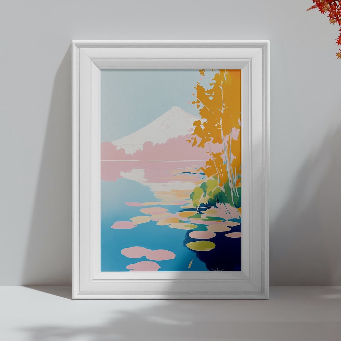 Snow Capped Mountain Over Lily Pad Lake Pastel Autumn Landscape Poster - Image 4