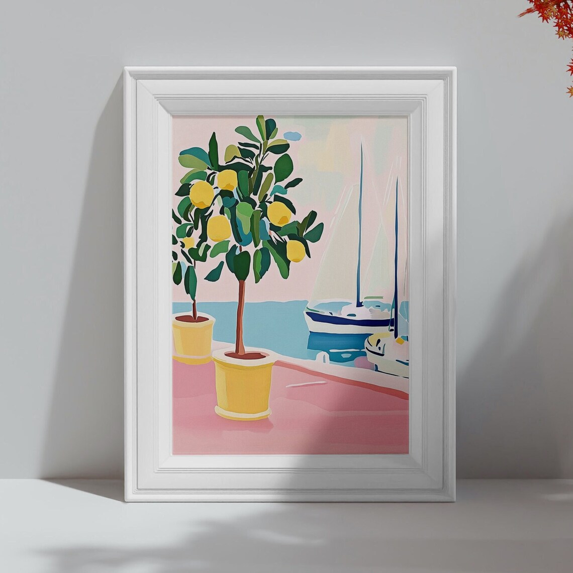 Potted Lemon Trees on Pink Terrace Overlooking Sailboat Sea View Poster - Image 4