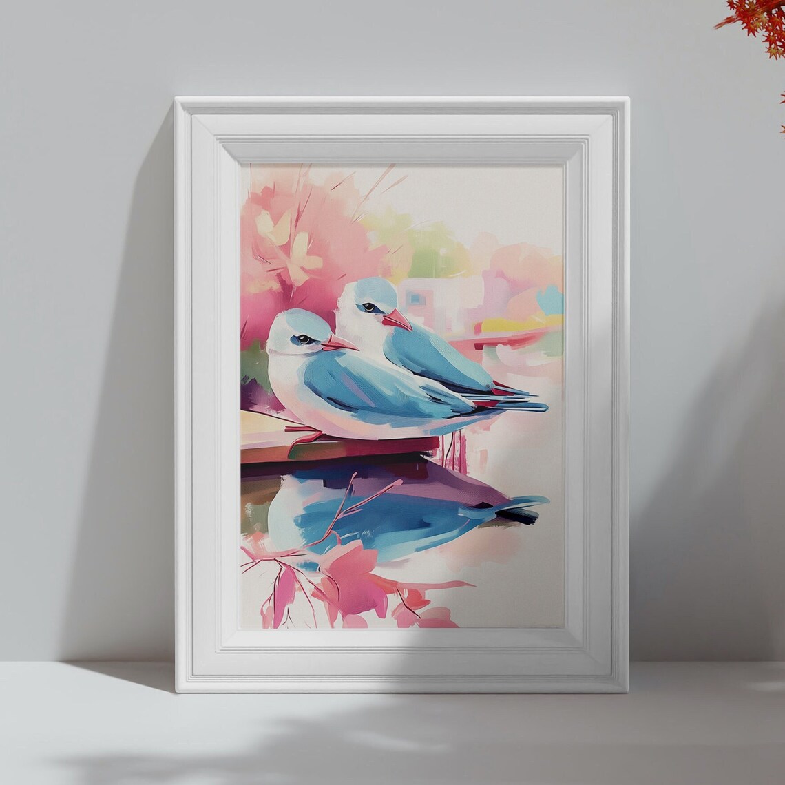 Two Bluebirds Cuddling on Dock Water Reflection Bird Art Poster - Image 4