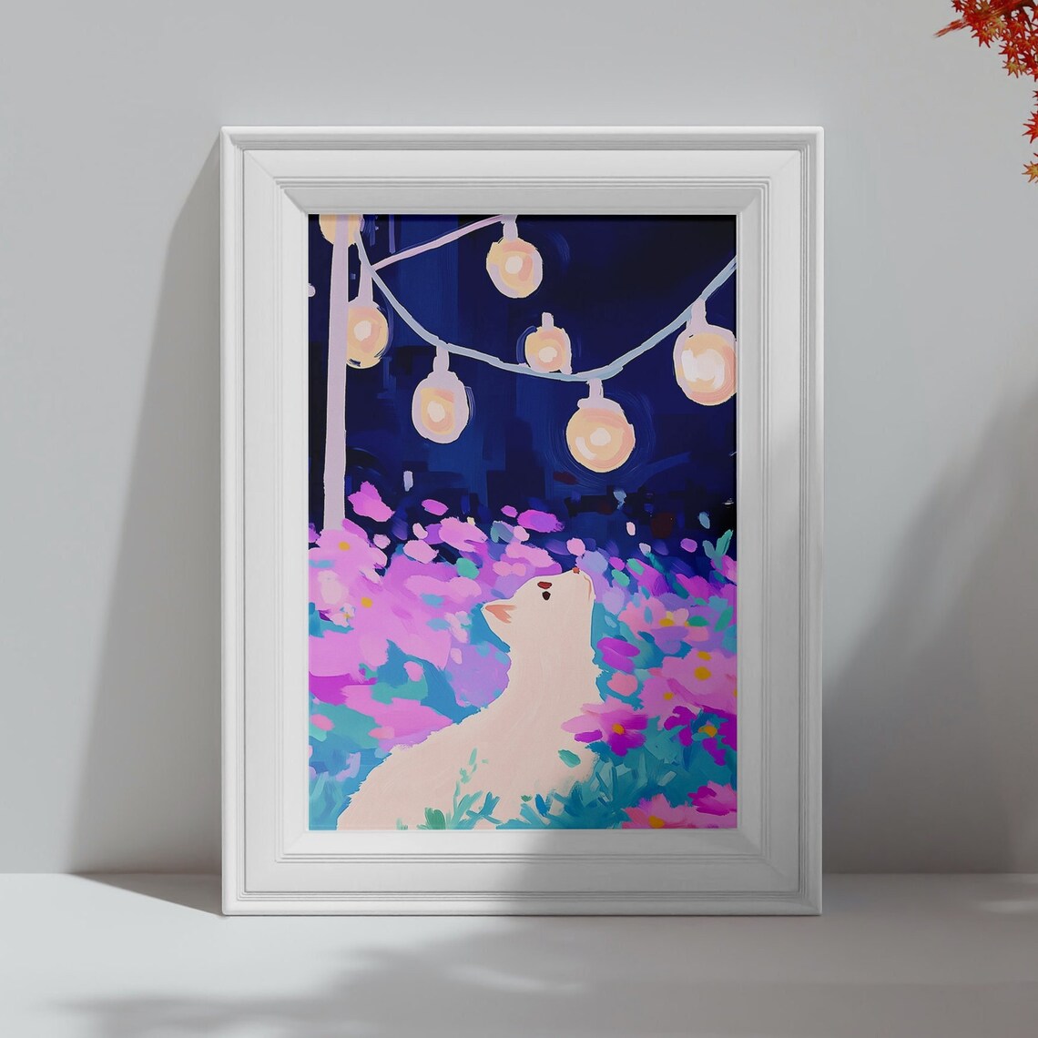 White Cat Among Flowers String Lights Starry Night Wall Art Print - Image 4