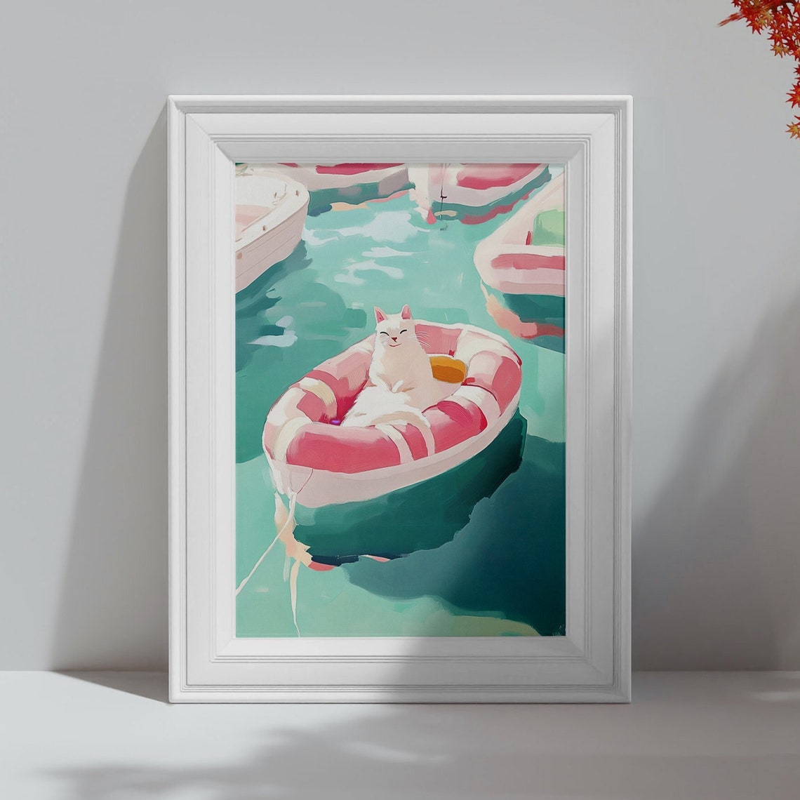 Funny White Cat Lounging on Pink Pool Float Summer Art Poster - Image 4