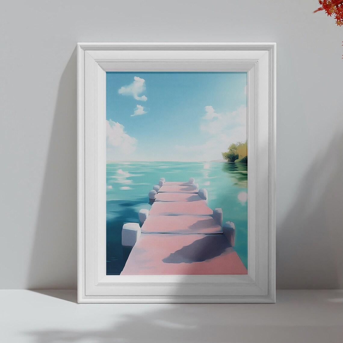 Pastel Pink Dock on Turquoise Sea Serene Coastal Travel Poster - Image 4