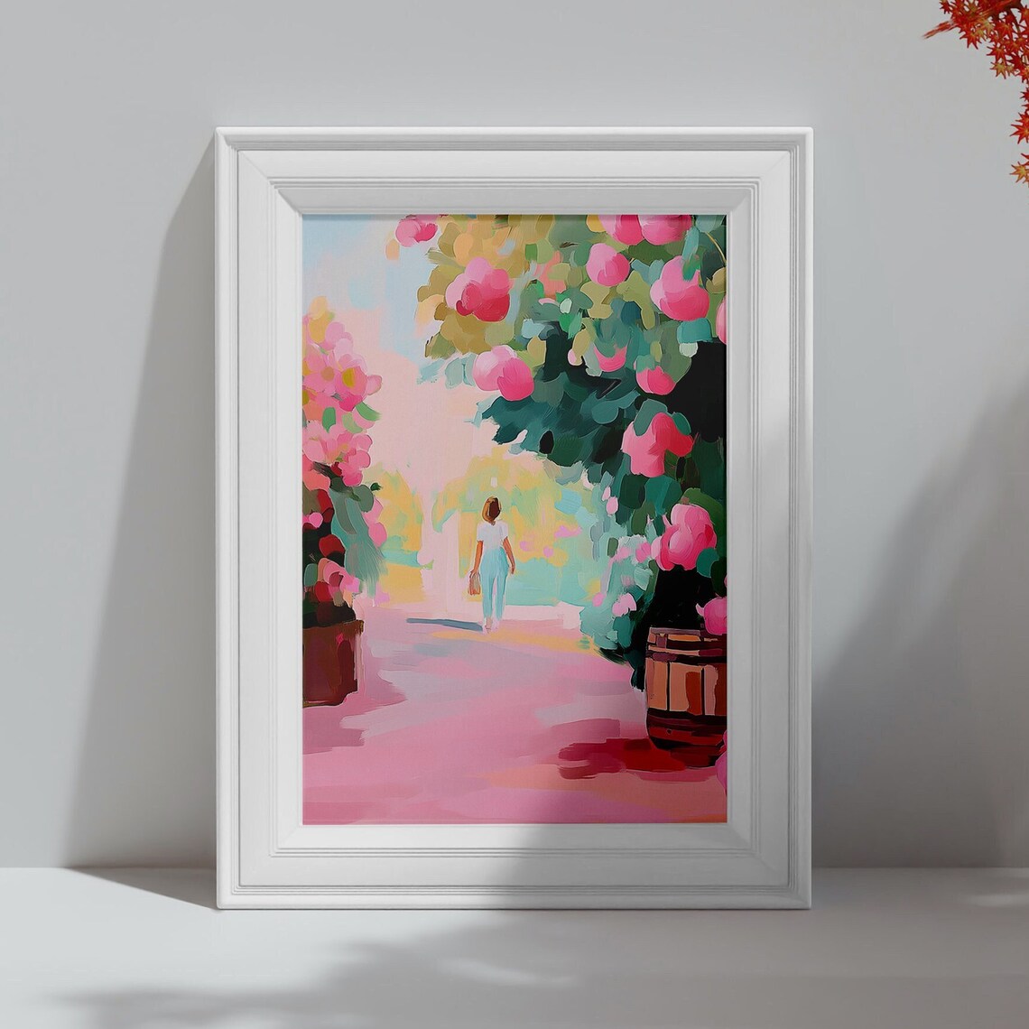 Woman Walking Rose Garden Path Pink Blooms Spring Wall Art Print - Image 4