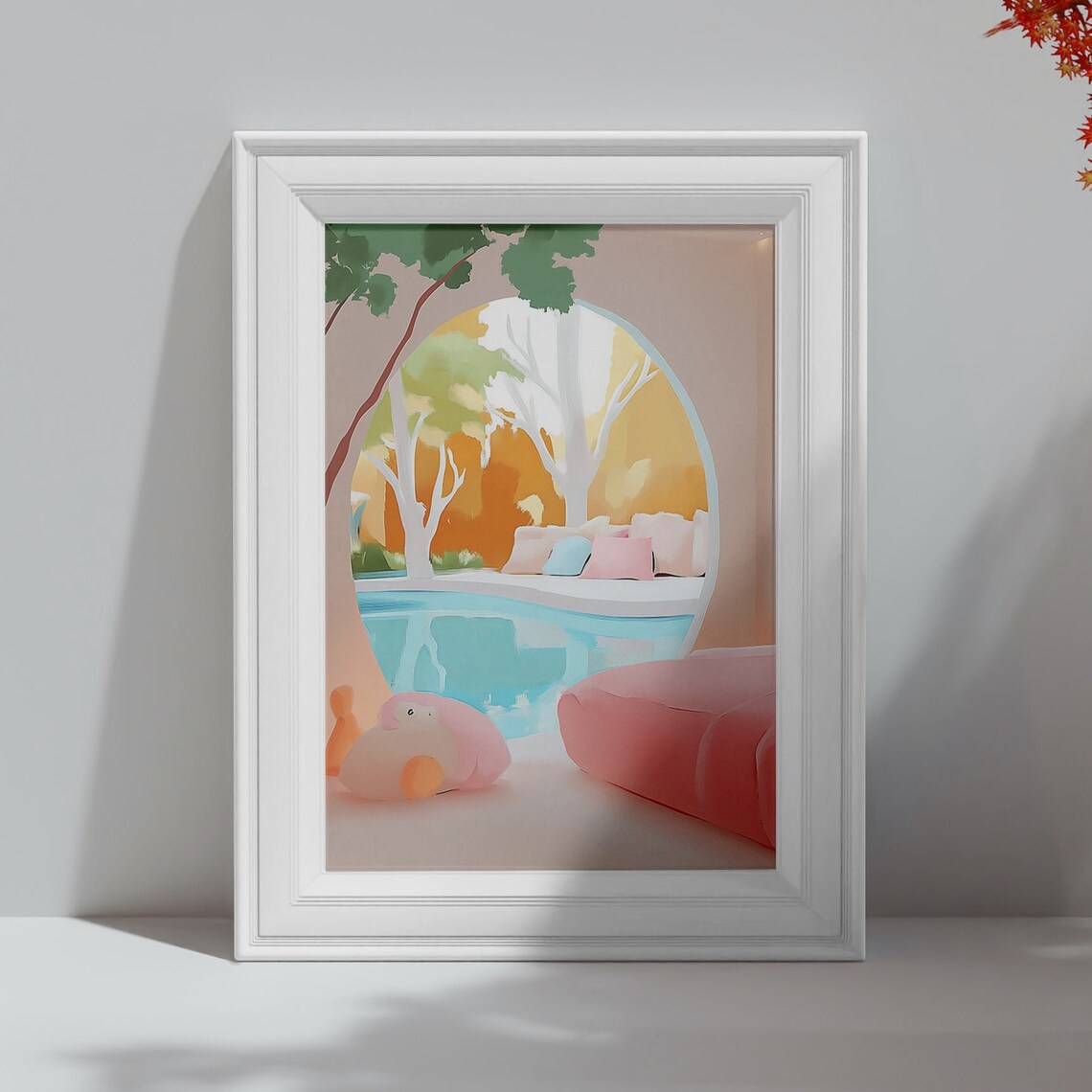 Dreamy Pastel Pool Arch Sunlit Patio Modern Oasis Wall Art Print - Image 4