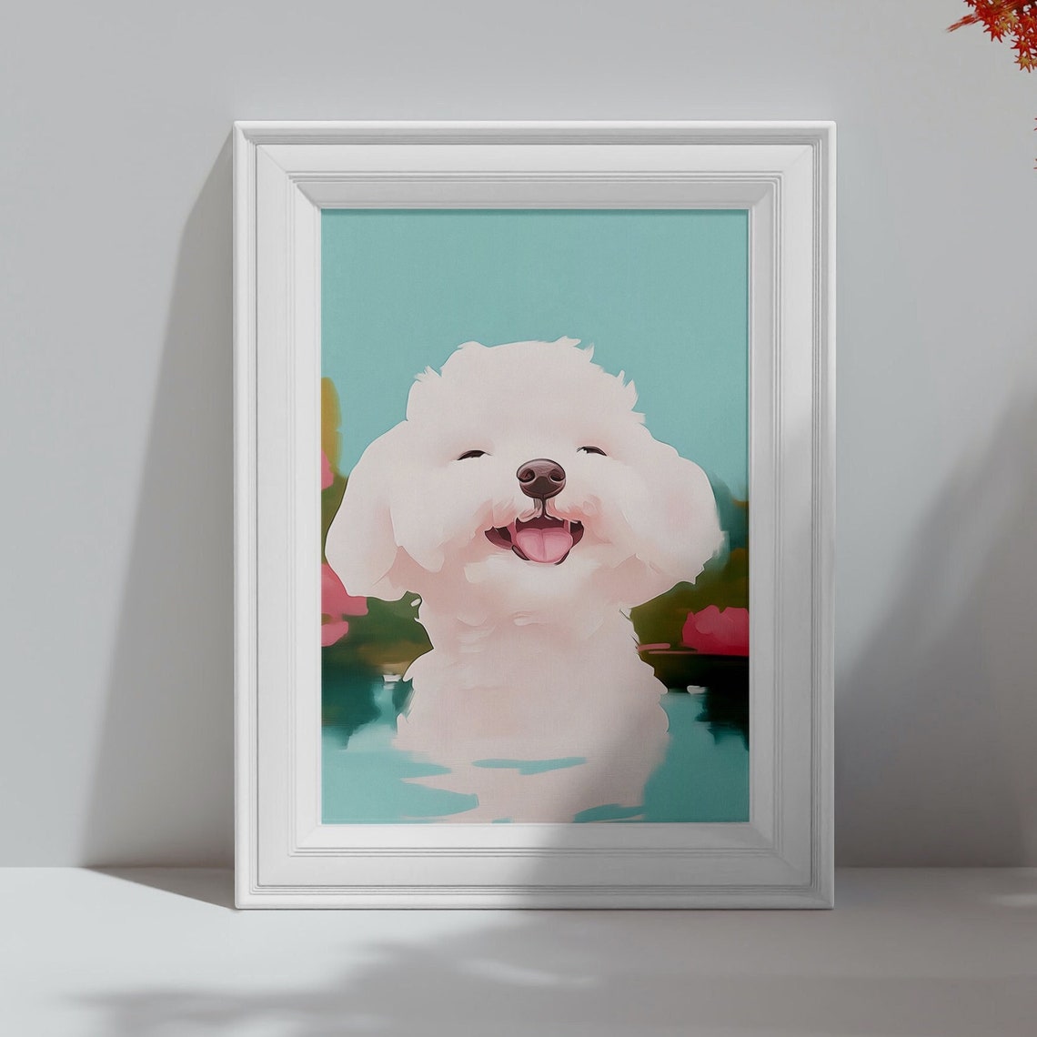 Smiling Fluffy White Puppy Portrait Cheerful Pastel Dog Art Poster - Image 4