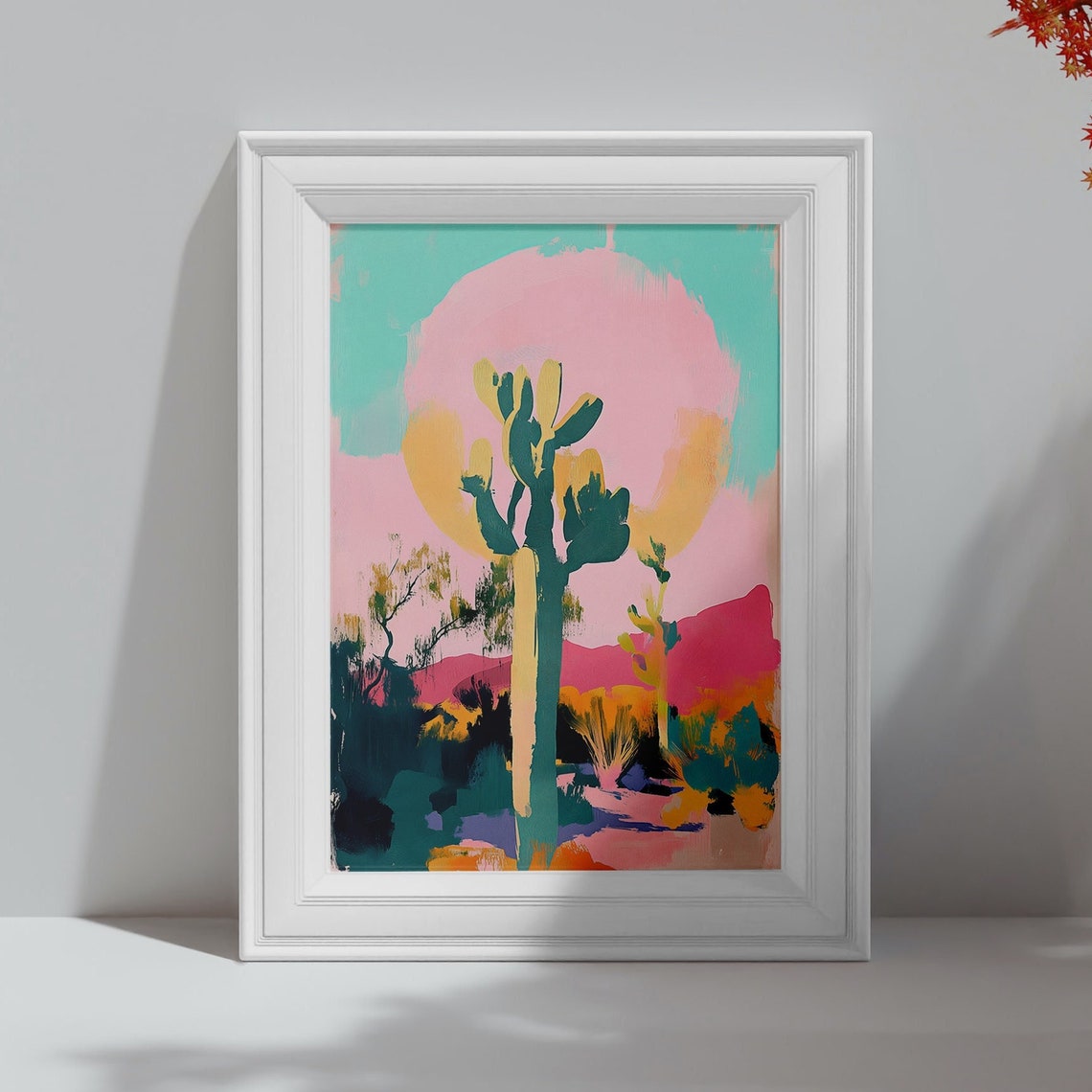 Desert Cactus Under Giant Pink Moon Pastel Night Wall Art Print - Image 4