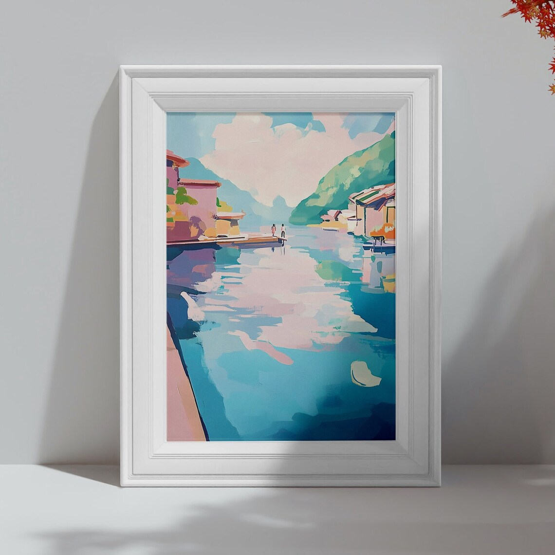 Couple on Dock in Colorful Lakeside Village Canal Pastel Travel Poster - Image 4