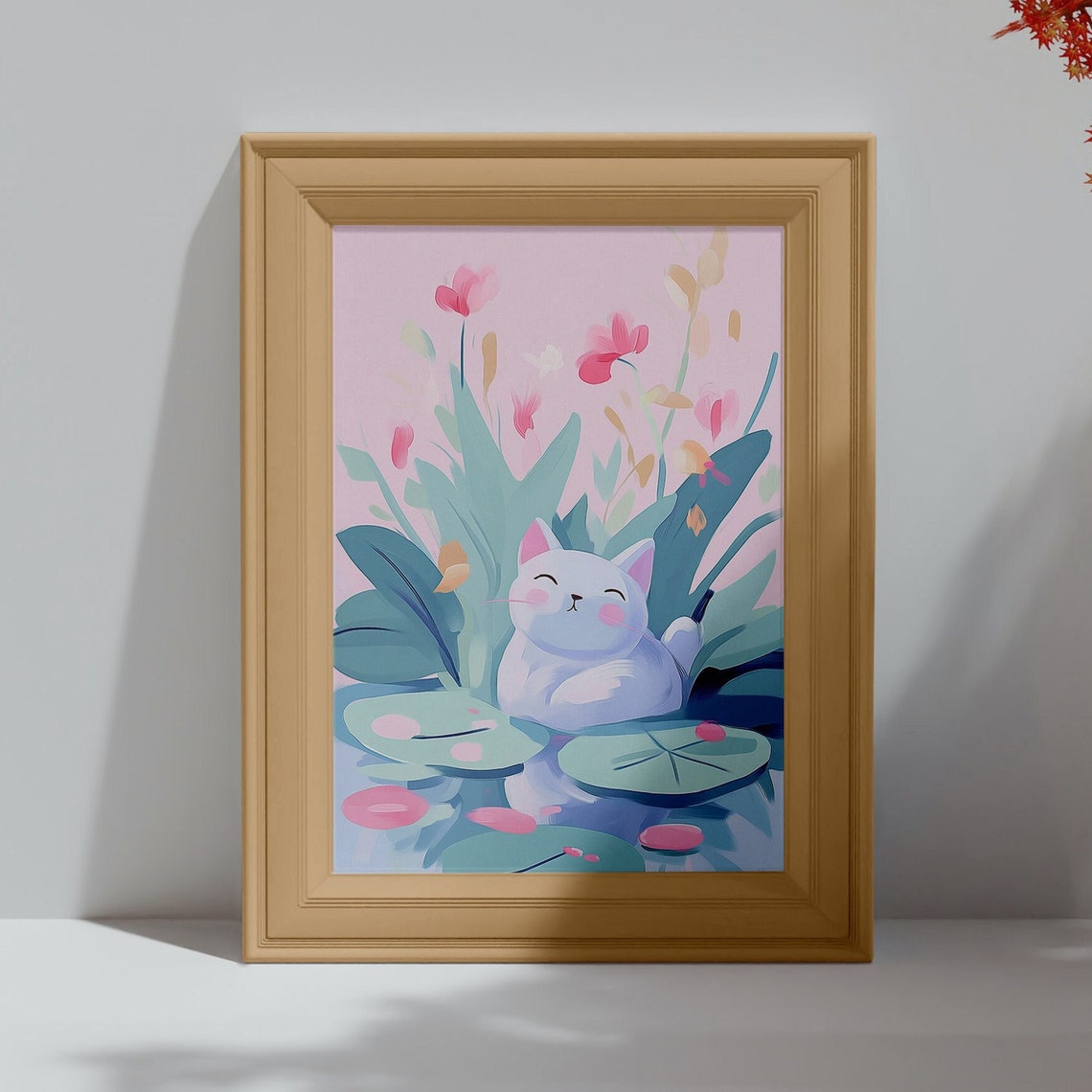 Cute White Cat on Lily Pads Pink Flowers Kawaii Wall Art Print - Image 4