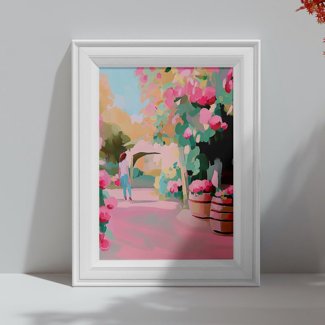 Woman Strolling Pink Flower Garden Arch Pastel Oil Painting Wall Poster - Image 4