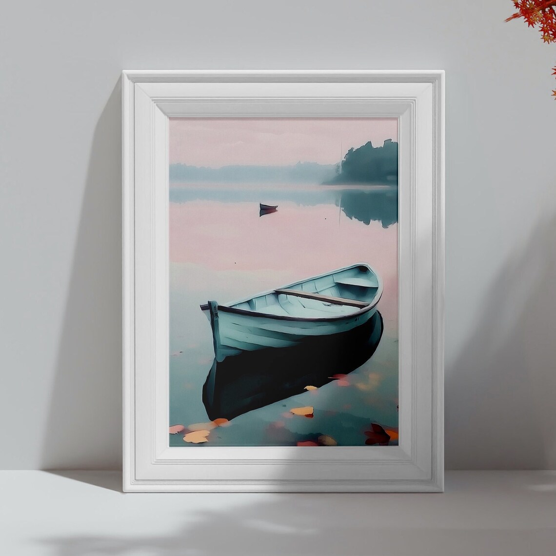 Wooden Rowboat Drifting on Blush Pink Sunset Water Pastel Art Poster - Image 4