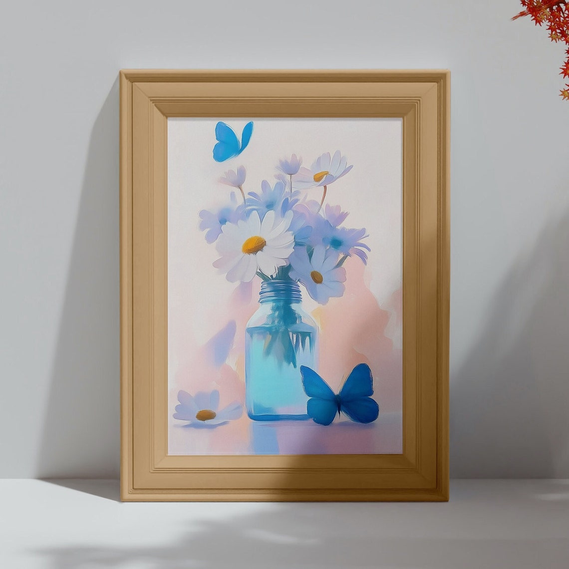 White Daisies In Blue Bottle Vase Blue Butterflies Pastel Print - Image 5
