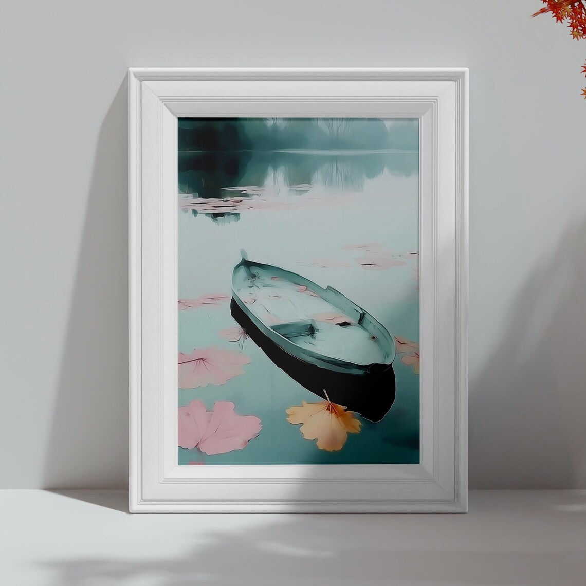 Empty Wooden Boat Floating Among Pink Lotus Leaves Misty Lake Art Poster - Image 4