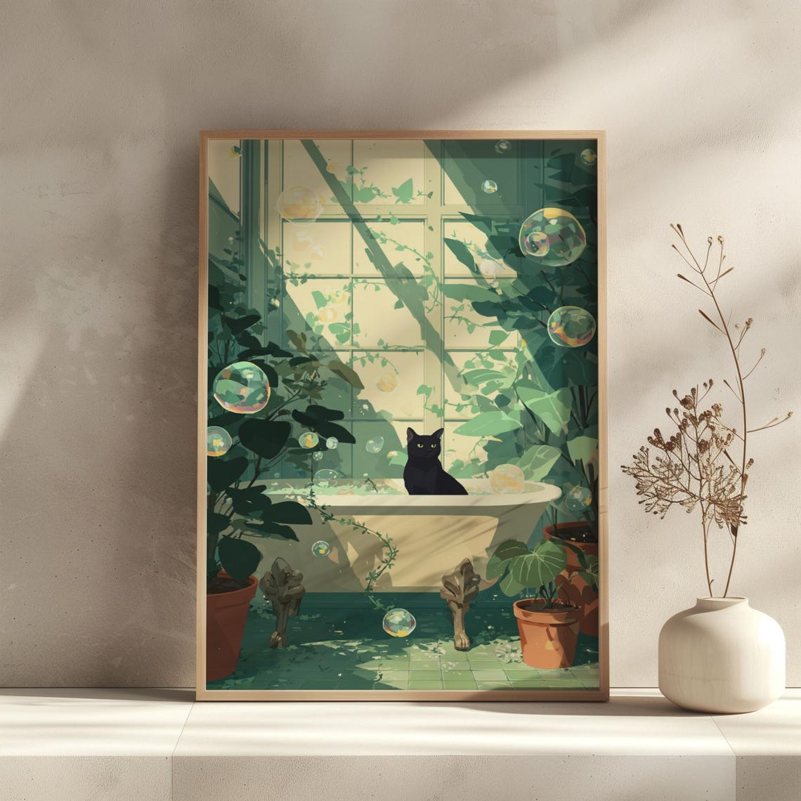 Whimsical Black Cat in a Sunlit Bubble Bath Botanical Art Poster
