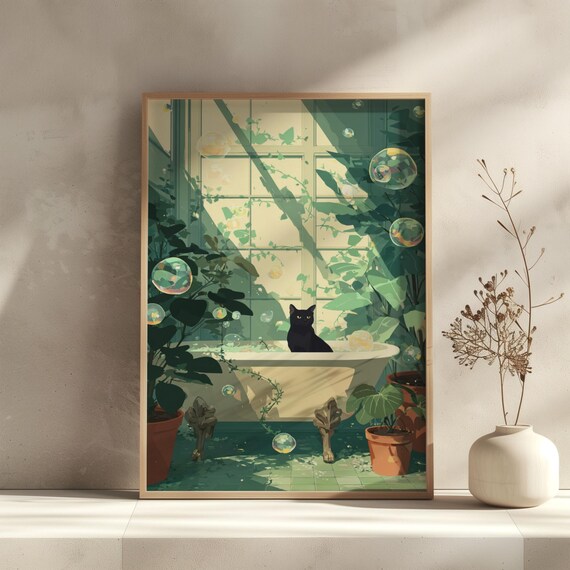 Whimsical Black Cat in a Sunlit Bubble Bath Botanical Art Poster