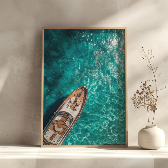 Luxury Yacht Aerial View Turquoise Ocean Boat Photography Print