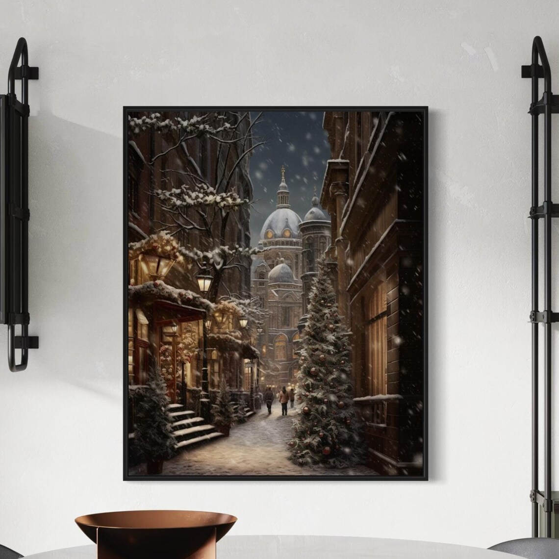 Snowy European Old Town Street Cathedral Christmas Night Scene Poster
