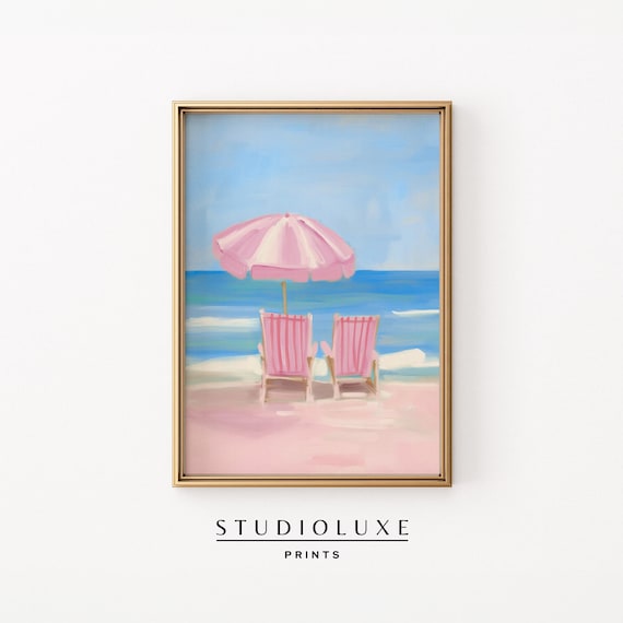 Pink Beach Umbrella And Two Chairs On Pastel Sand Art Poster