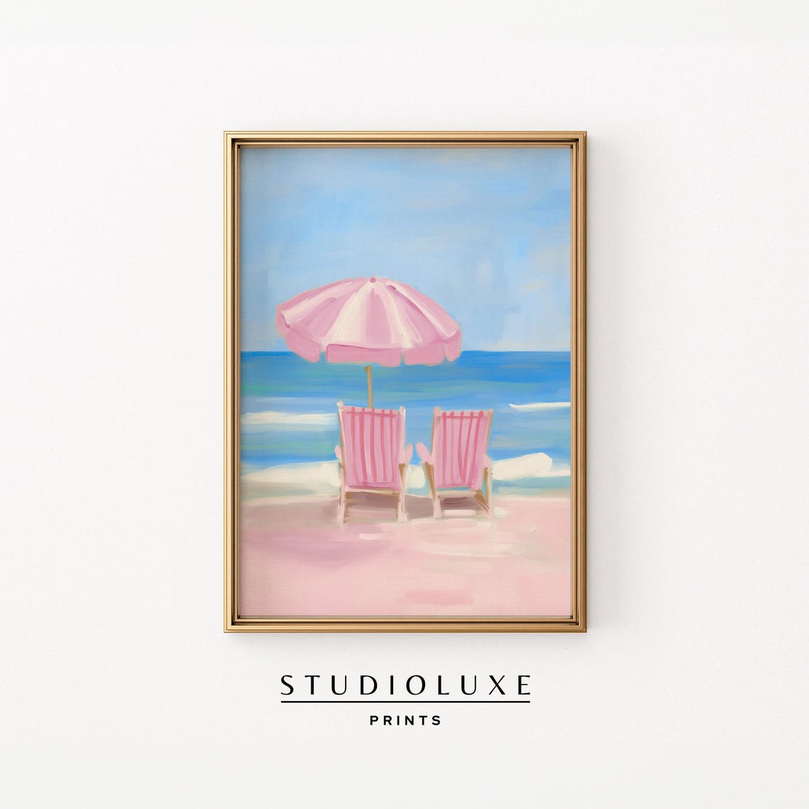 Pink Beach Umbrella And Two Chairs On Pastel Sand Art Poster