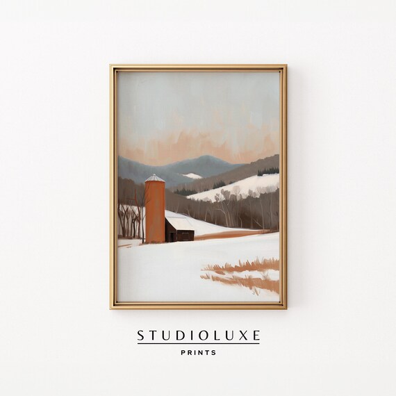 Winter Farmhouse Barn With Red Silo Snowy Field Moody Seasonal Art Poster