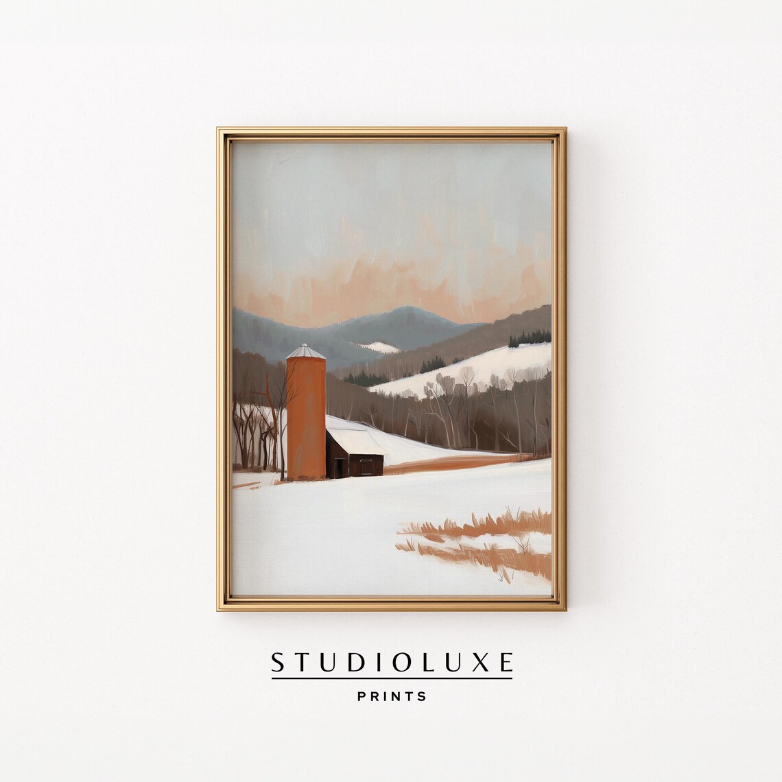 Winter Farmhouse Barn With Red Silo Snowy Field Moody Seasonal Art Poster