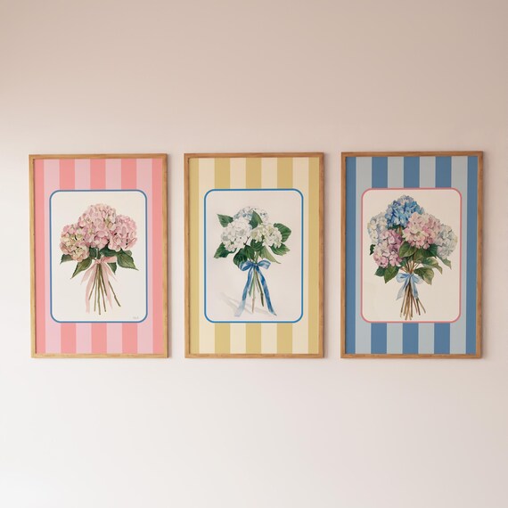 Set of 3 Hydrangea Bouquet Poster on Pink Yellow and Blue Stripes