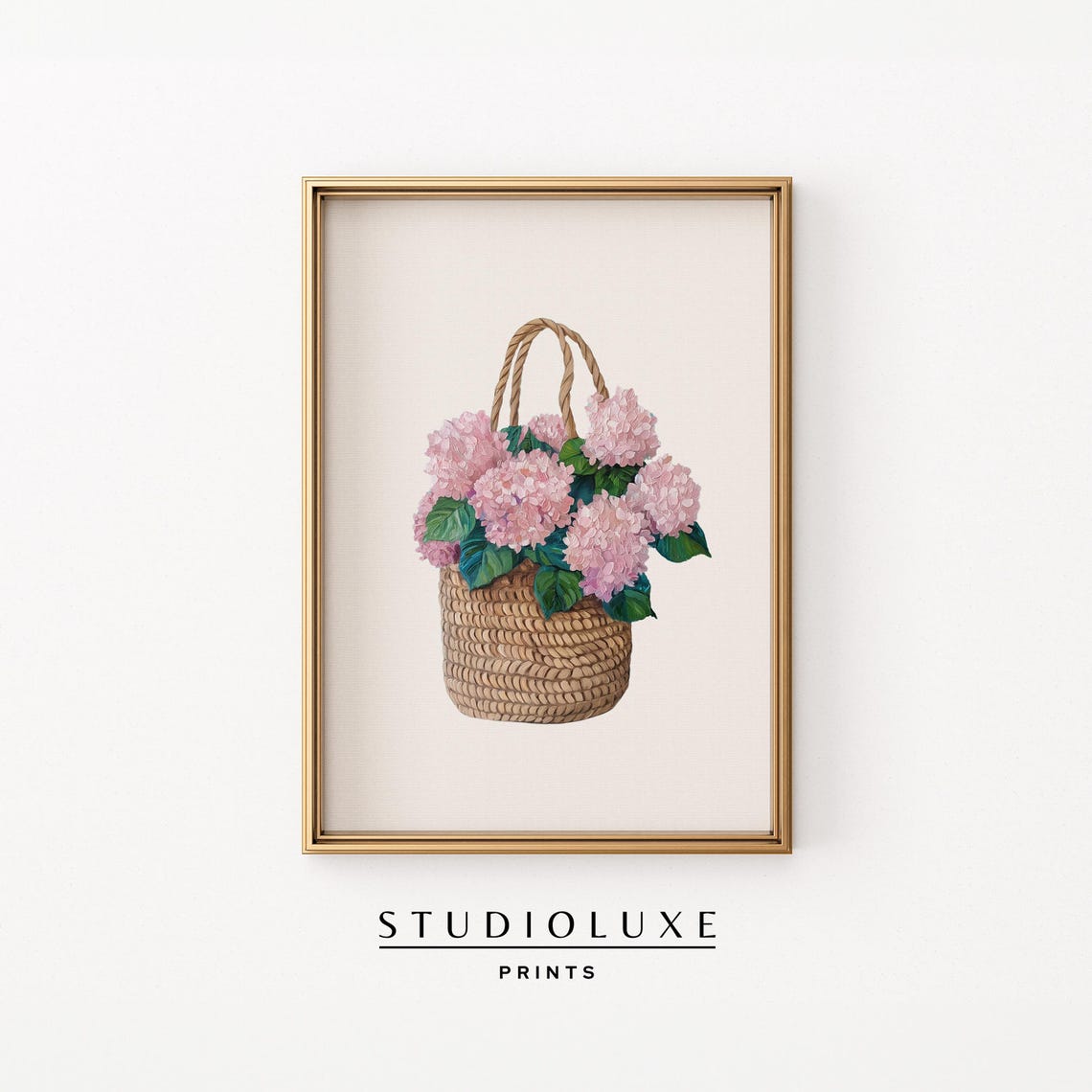 Pink Hydrangeas In A Wicker Basket Floral Wall Decor Art Poster