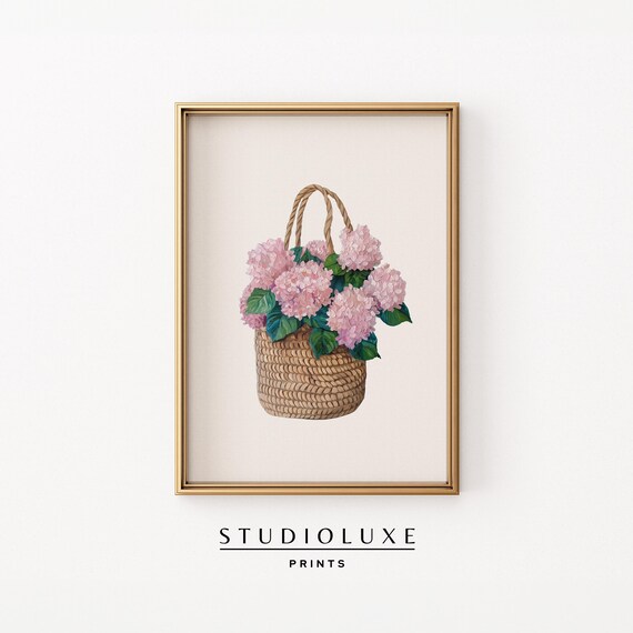 Pink Hydrangeas In A Wicker Basket Floral Wall Decor Art Poster