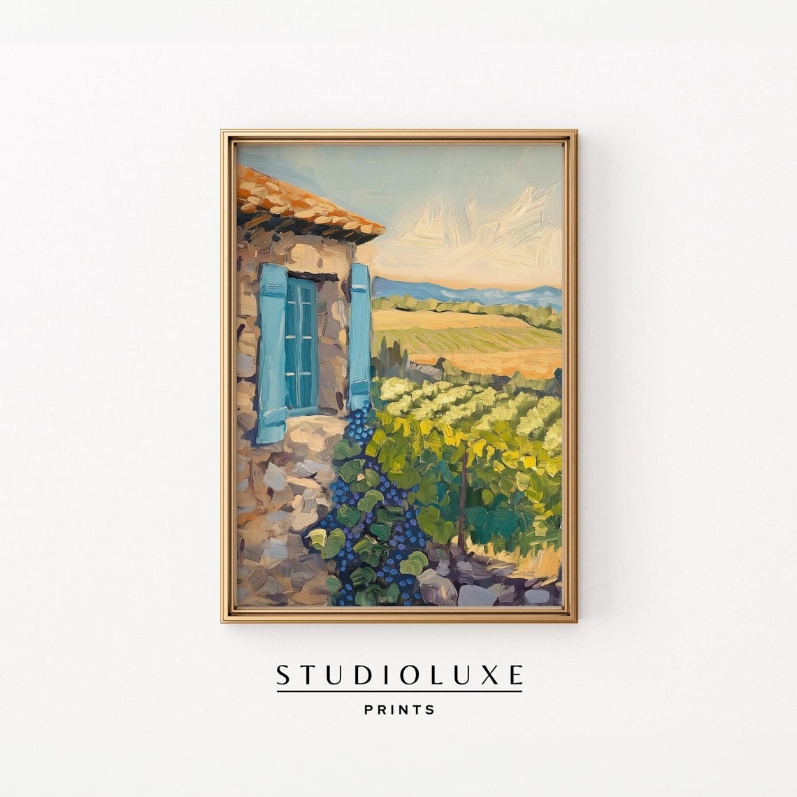 Tuscan Stone Cottage Blue Shutters Overlooking Vineyard Poster