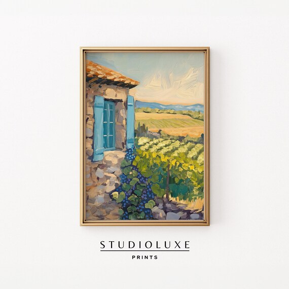 Tuscan Stone Cottage Blue Shutters Overlooking Vineyard Poster