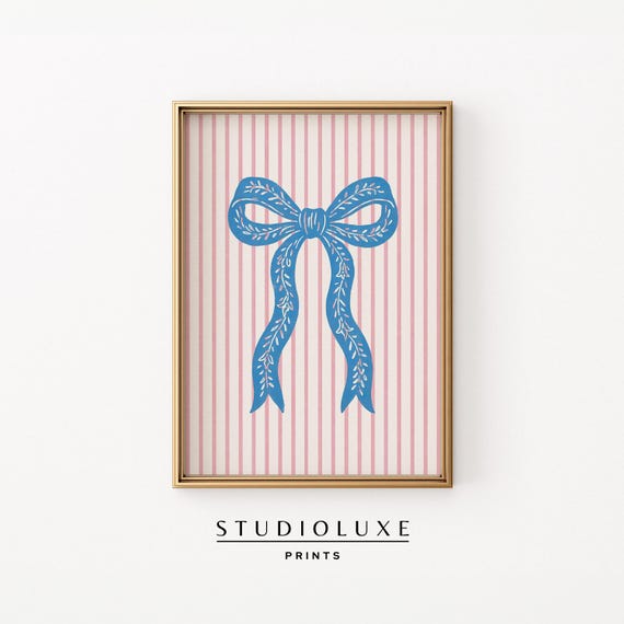 Blue Bow On Pink Stripe Wall Art Coquette Western For Girls Bedroom Or Dorm Trendy Decor