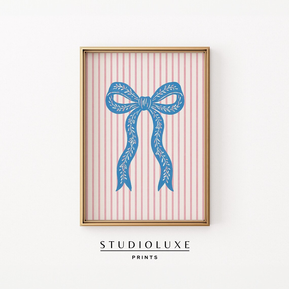 Blue Bow on Pink Stripes Coquette Preppy Girls Room Wall Art