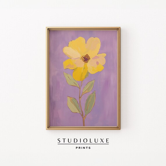 Yellow Flower Wall Art On Purple Background Bold Floral For Bedroom Dorm Or Gallery Dopamine Decor Botanical Print