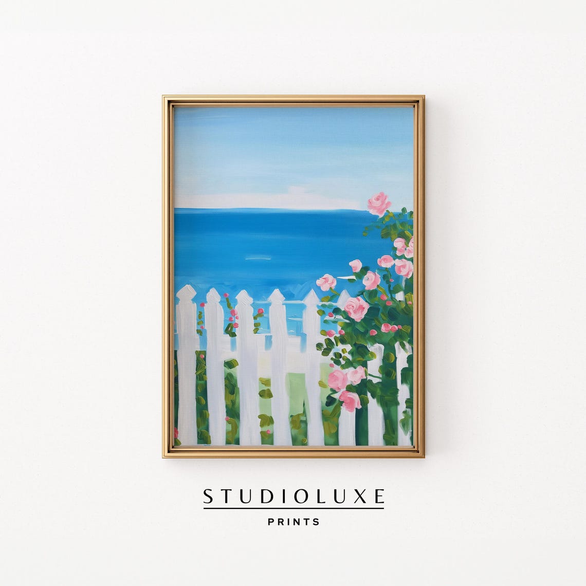Pink Roses Climbing White Picket Fence Overlooking The Ocean Poster