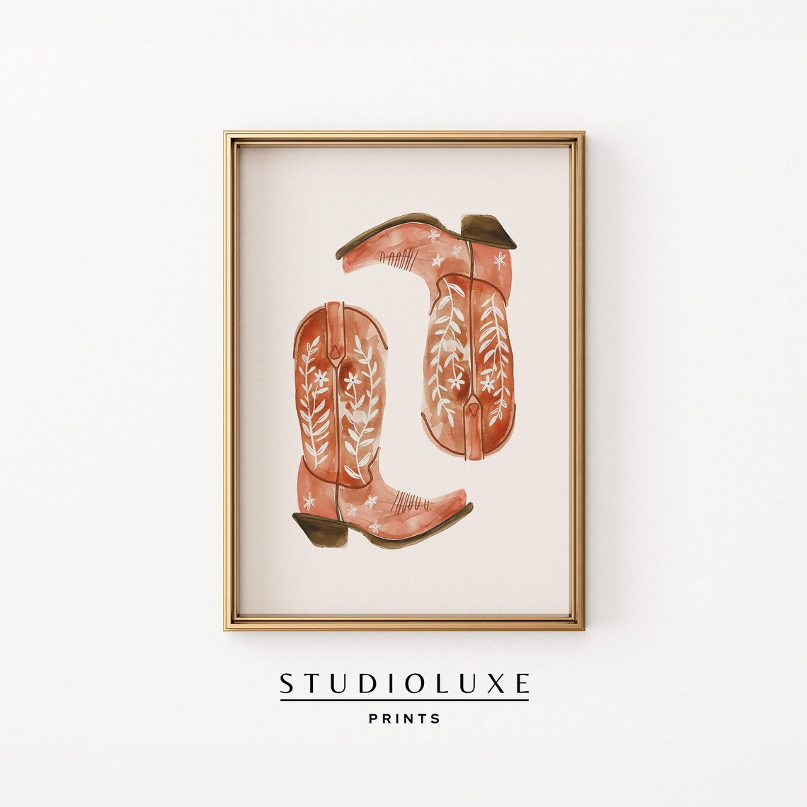 Terracotta Cowboy Boots Watercolor with White Floral Stitching Poster