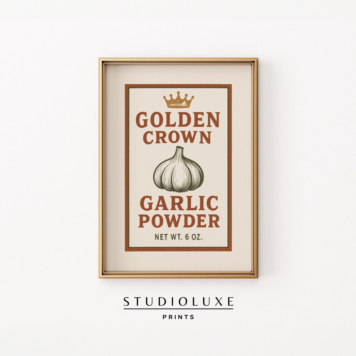 Golden Crown Garlic Powder Garlic Bulb Crown Emblem Retro Label Poster