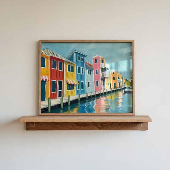 Colorful Waterfront Row Homes Poster Beach Town Canal Painting Art