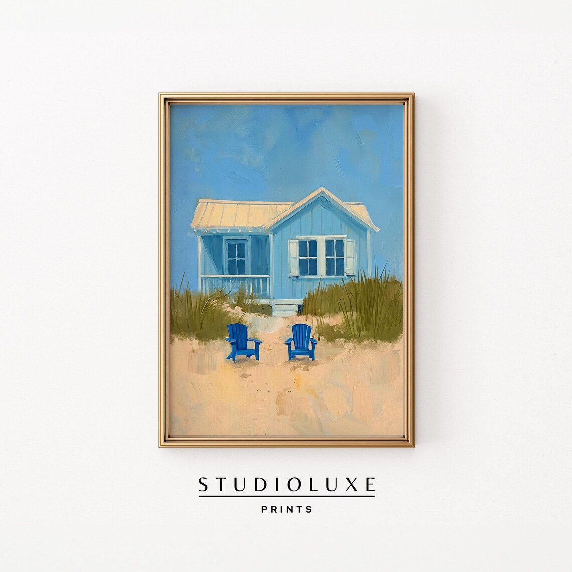 Blue Beach Cottage Adirondack Chairs Sandy Path Coastal Decor Oil Painting Poster