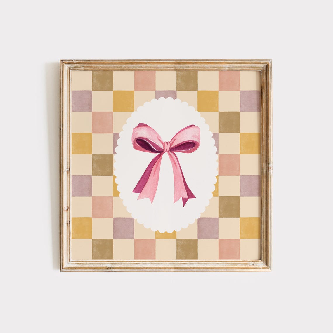 Pink Checkered Bow Wall Art Coquette Room Decor Preppy Trendy Apartment Cute Nursery