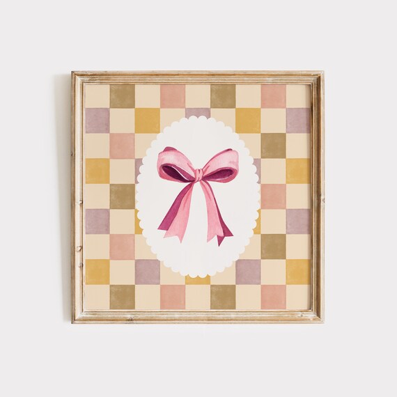Pink Bow on Pastel Checkered Background Square Coquette Poster