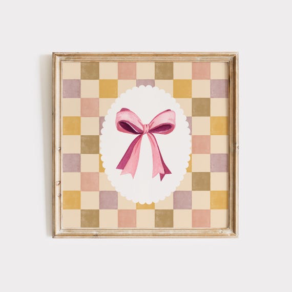 Pink Checkered Bow Wall Art Coquette Room Decor Preppy Trendy Apartment Cute Nursery