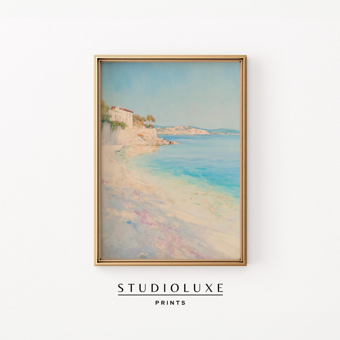 Pastel Mediterranean Beach Cove With White Cliff Villa Art Poster