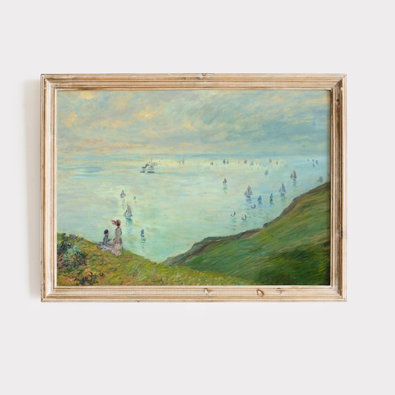 Rocky Cliff Coast Sailboats Impressionist Seascape Vintage Poster
