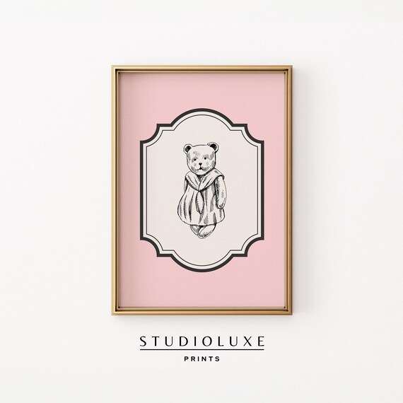 Sweet Vintage Teddy Bear Sketch In Pink Nursery Gallery Print